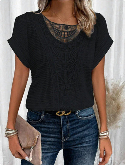 Trendy hollowed-out short-sleeve t-shirt for women in various colors and sizes