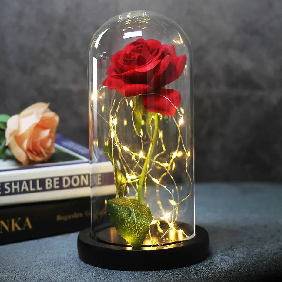 Enchanted Forever Rose in Glass LED Light decoration with realistic rose and wooden base
