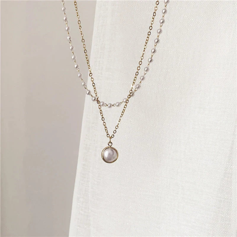 Ancient Stacked Double-layer Pearl Necklace in gold with geometric design