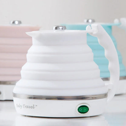 Foldable Electric Kettle in white, blue, and pink with UK, US, and EU plug options