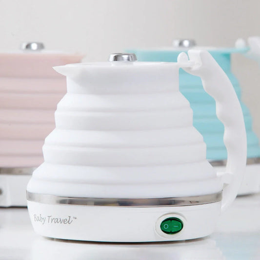 Foldable Electric Kettle in white, blue, and pink with UK, US, and EU plug options
