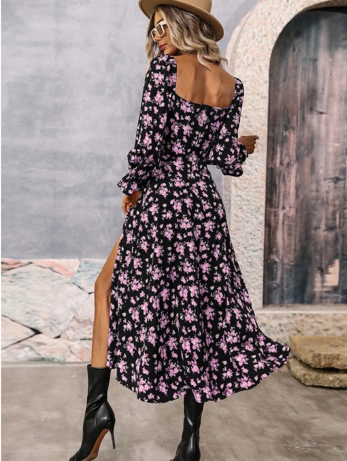 Floral Long Sleeve Swing Dress with Square Neckline and Slit - A stylish and versatile British-inspired women's clothing piece