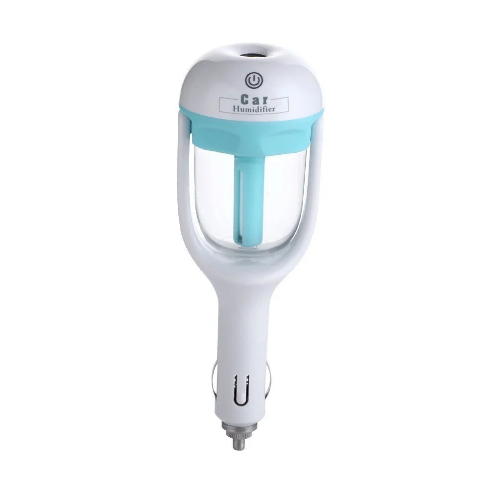 Mini 12V car steam humidifier with aroma diffuser and air purifier in blue, green, pink, and purple