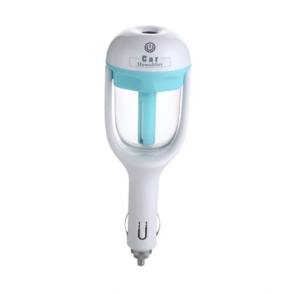 Mini 12V car steam humidifier with aroma diffuser and air purifier in blue, green, pink, and purple