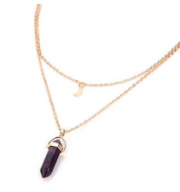 Elegant hexagonal natural stone necklace with double moon pendant in various colours
