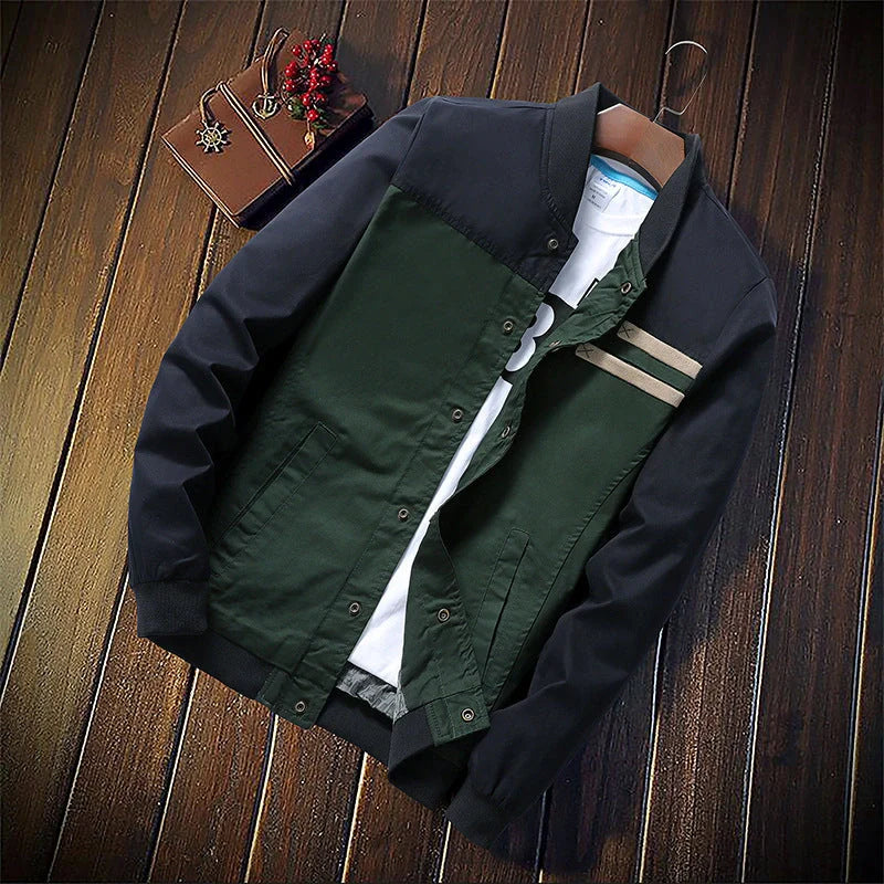 Men's Korean-style single-breasted casual jacket in cotton, available in green and navy blue