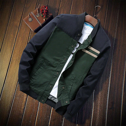 Men's Korean-style single-breasted casual jacket in cotton, available in green and navy blue