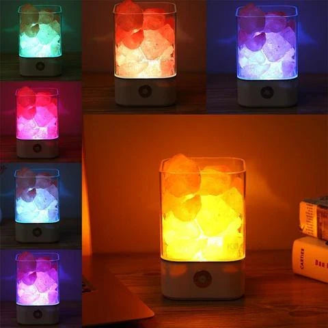 Himalayan salt lamp with warm, amber glow and adjustable lighting settings