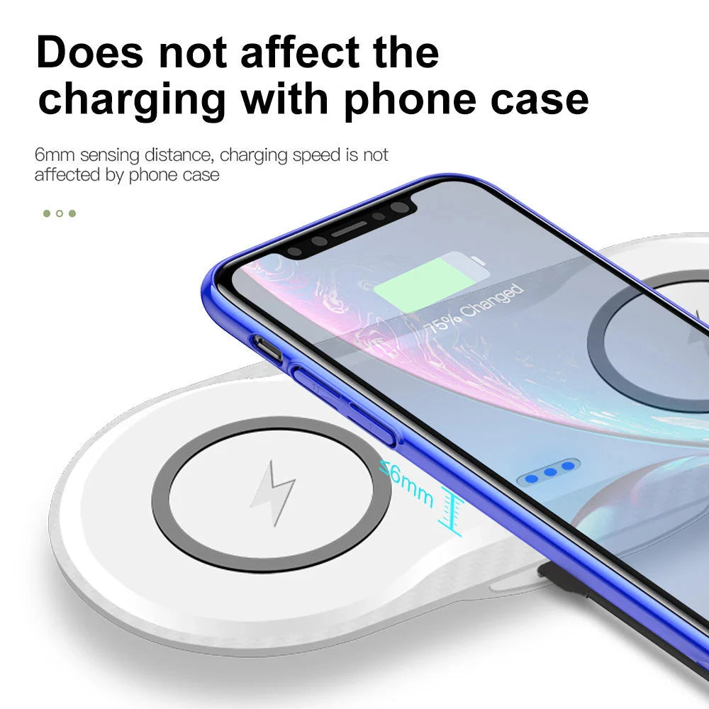 Dual wireless mobile phone charger in black and white, featuring intelligent temperature control