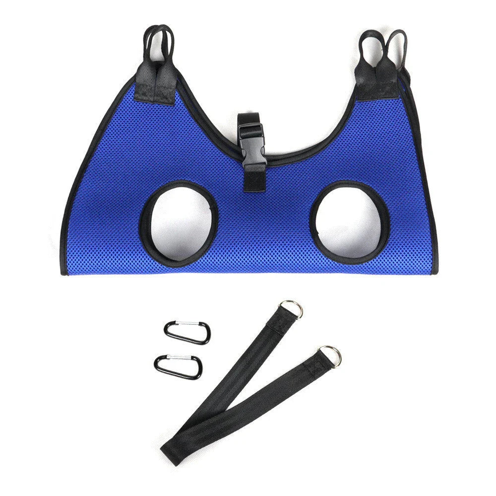 Adjustable pet grooming hammock with straps, buckles, comb, and nail clipper for convenient nail trimming and bathing of cats and dogs