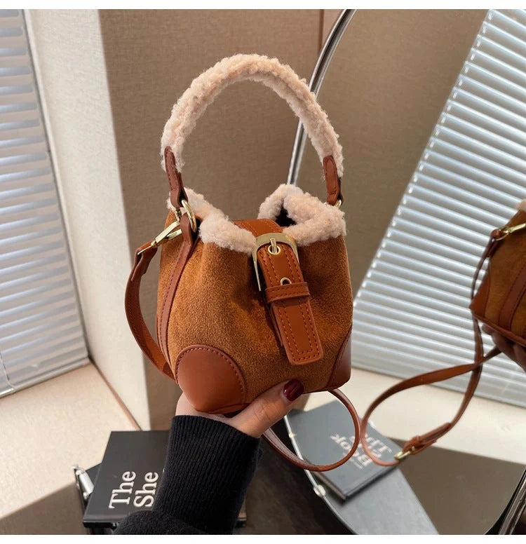 Retro plush crossbody bag for women in black, brown, coffee, and khaki