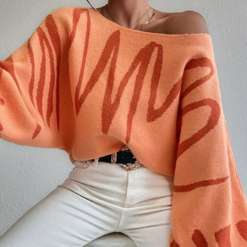 Women's lantern-sleeved pullover sweater with printed design in various colours