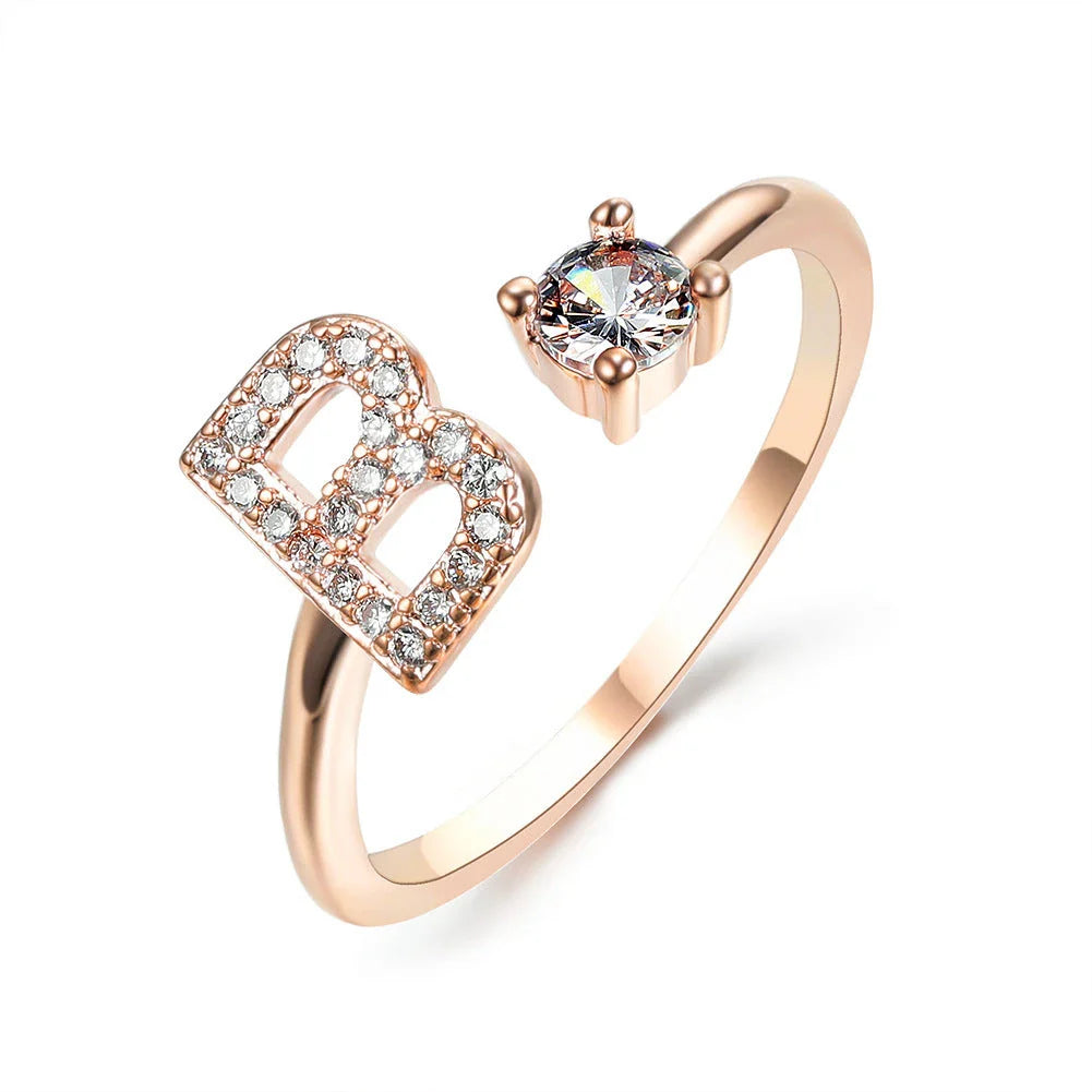 Customizable adjustable ring with 26 letters for women, featuring zircon stones and copper alloy construction