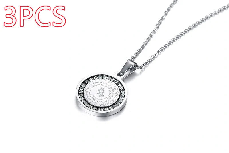 Premium stainless steel pendant with sparkling rhinestones and engraved English Scripture