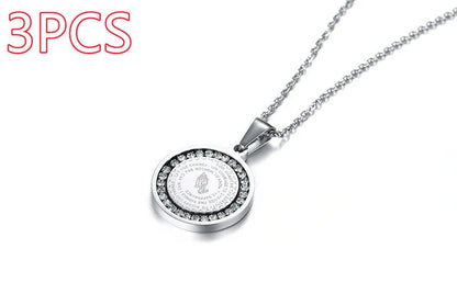 Premium stainless steel pendant with sparkling rhinestones and engraved English Scripture
