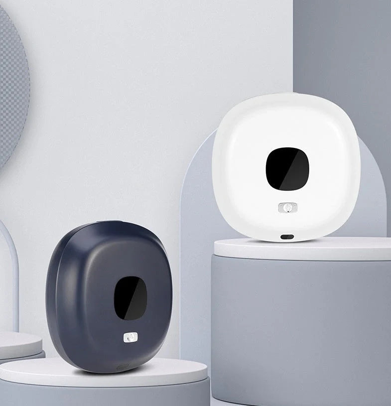 Smart sensor wall-mounted soap dispenser in white and blue, featuring contactless operation and temperature sensing