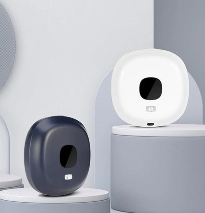 Smart sensor wall-mounted soap dispenser in white and blue, featuring contactless operation and temperature sensing
