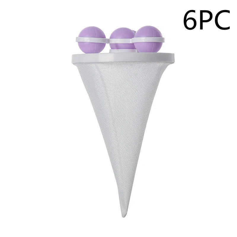 Gyroscopic Washing Machine Filter Pouch in purple, blue, and pink for lint and hair removal