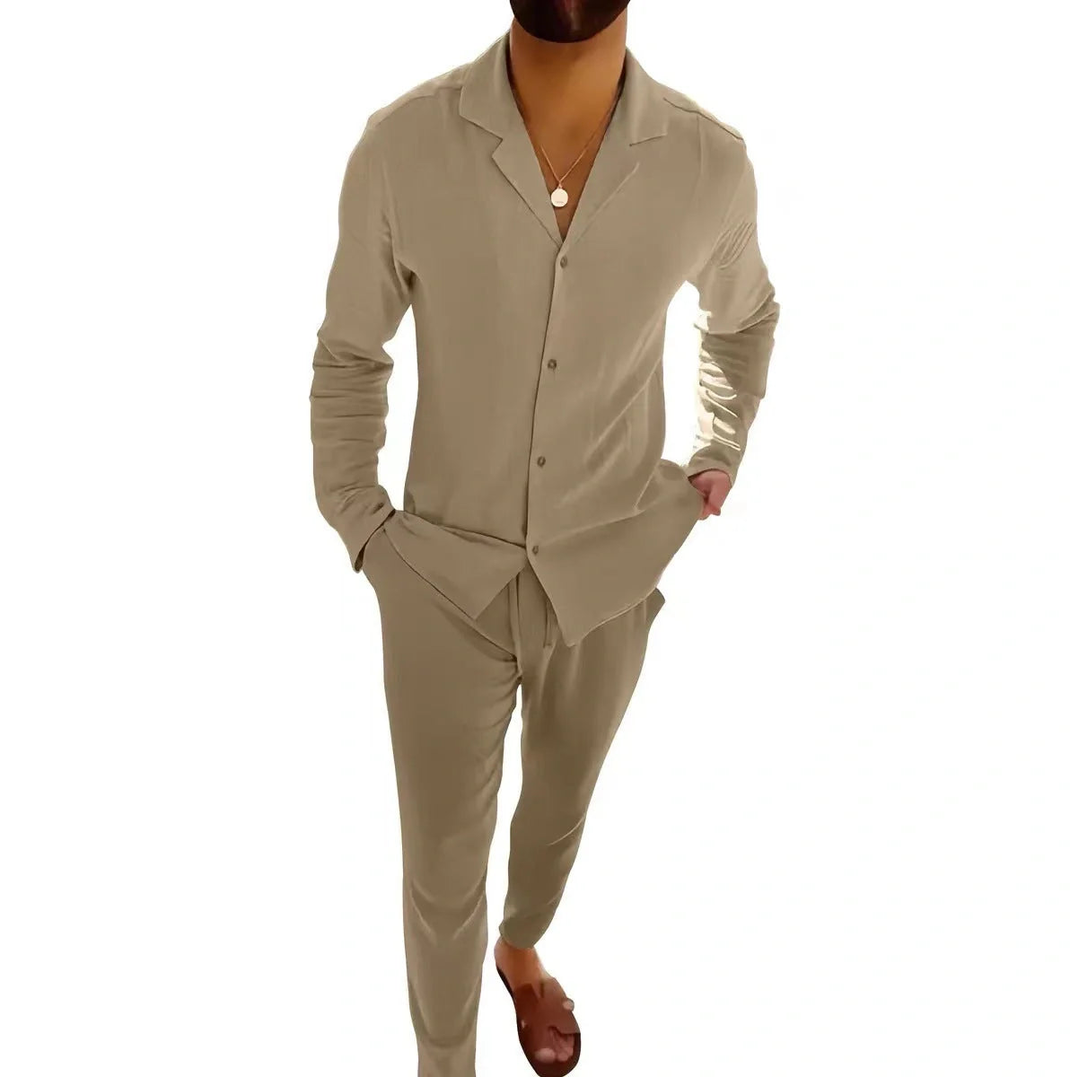 Men's casual long-sleeved suits with single-breasted shirt and slim-fit trousers in various colours
