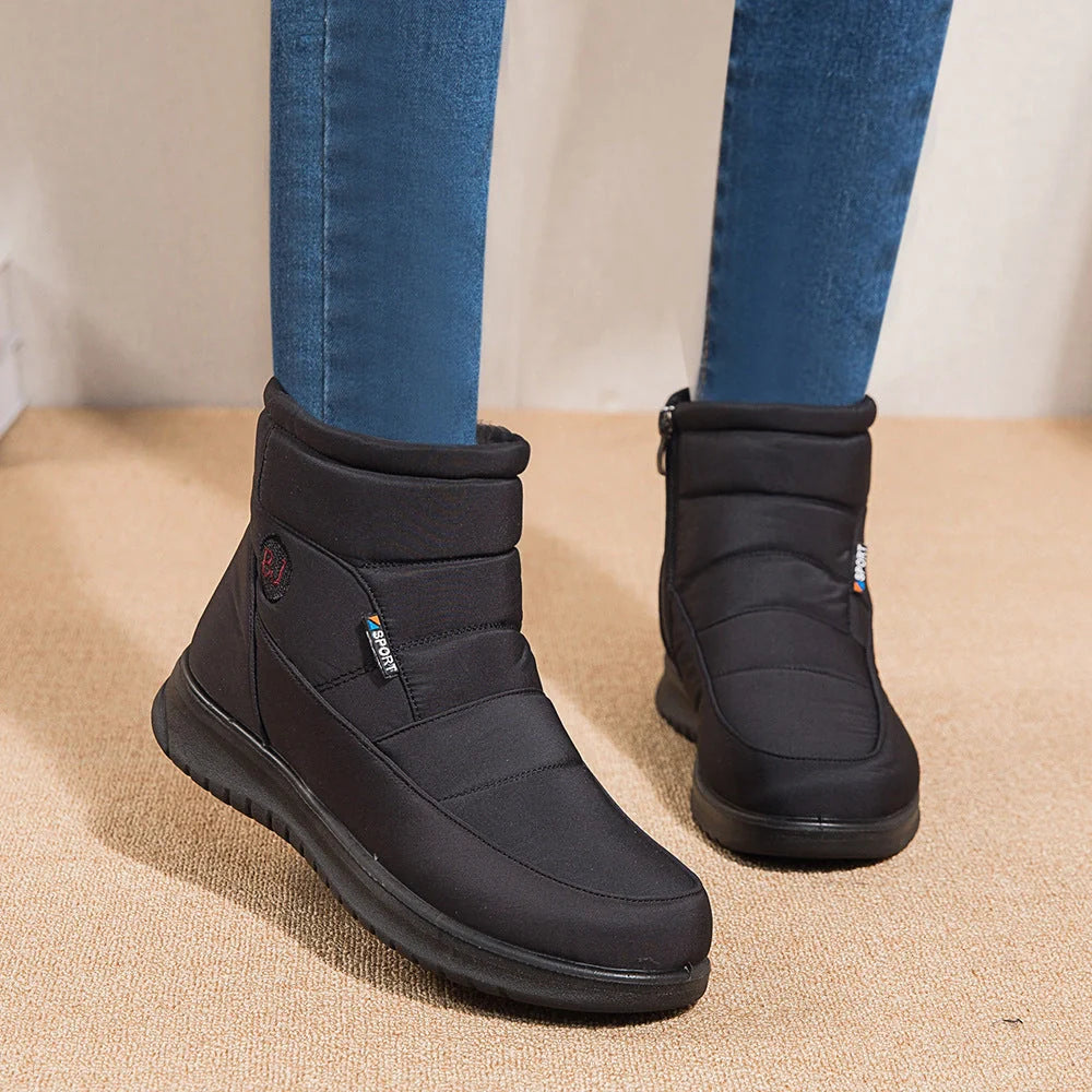 Women's waterproof snow boots in red, black, and brown with non-slip soles