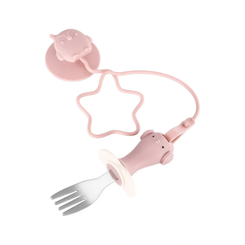 Stainless steel infant training spoon and fork set with silicone anti-drop chain and suction cup