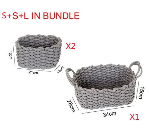 Hand-woven cotton rope storage basket in grey and white colours, featuring a minimalist nordic design for practical and stylish home organisation