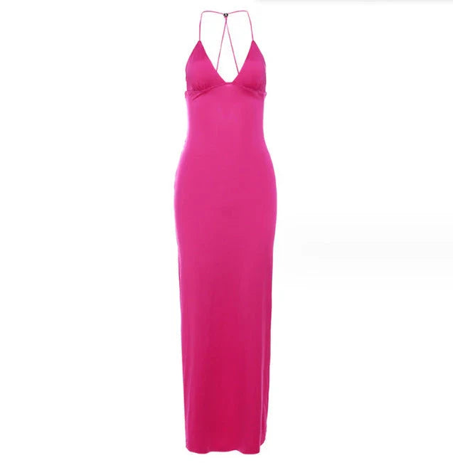 Stylish floral halter dress with spaghetti straps and butterfly back design, available in various vibrant colors