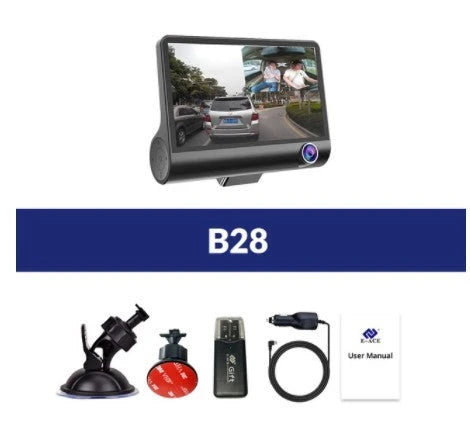High-definition driving recorder with dual cameras, HDR and WDR support, and wide-angle lenses for comprehensive coverage
