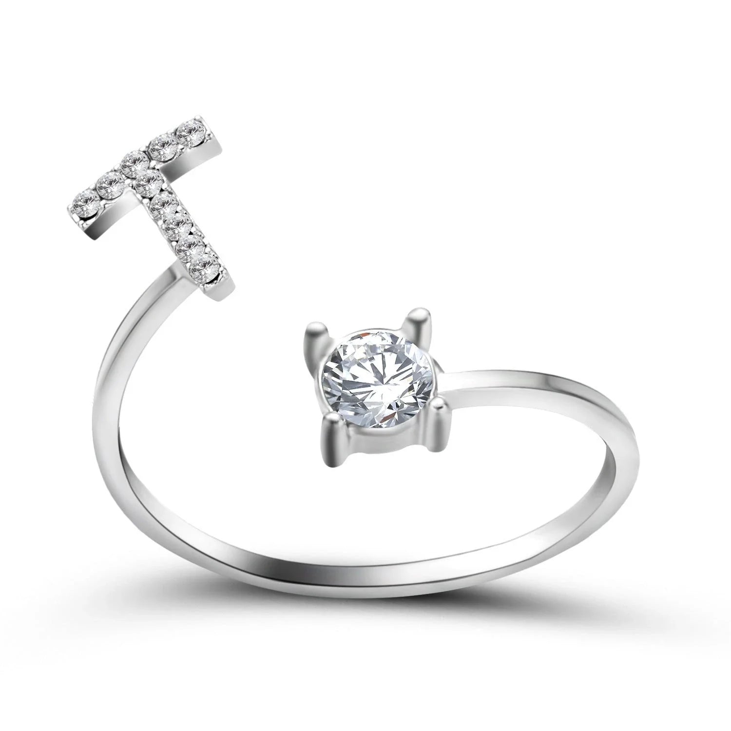 Customizable adjustable ring with 26 letters for women, featuring zircon stones and copper alloy construction