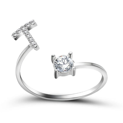 Customizable adjustable ring with 26 letters for women, featuring zircon stones and copper alloy construction