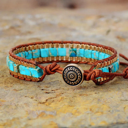 Hand-woven blue leather bracelet with imperial stone detail
