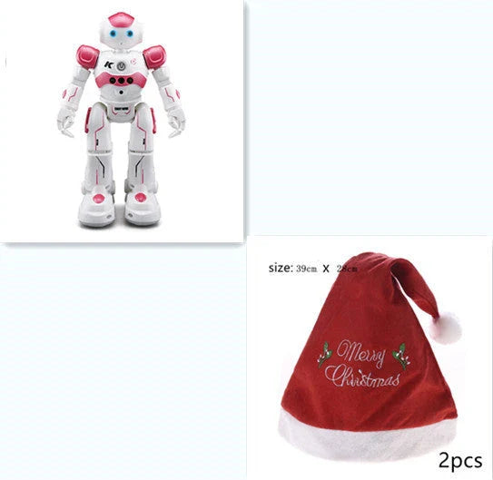 Remote-controlled dancing robot toy with gesture-sensing controls, preprogrammed songs and dances, and customizable programming capabilities