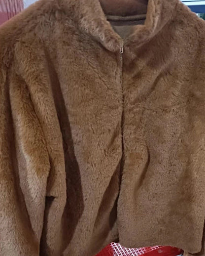 Women's winter stand collar zipper fleece jacket in faux fur, available in multiple colours