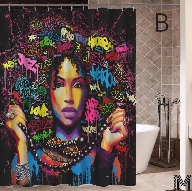 Vibrant African-inspired shower curtain with portrait of a beautiful African girl wearing earrings and bold hairstyle