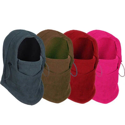 Versatile outdoor winter headwear with a warm fleece hat, face mask, and neck scarf for cold weather protection