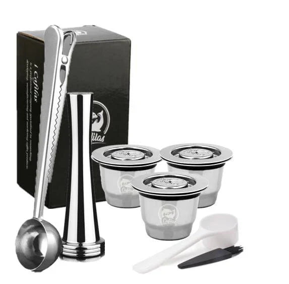 Premium stainless steel coffee capsule holder with integrated tamper for easy organization and perfect espresso extraction