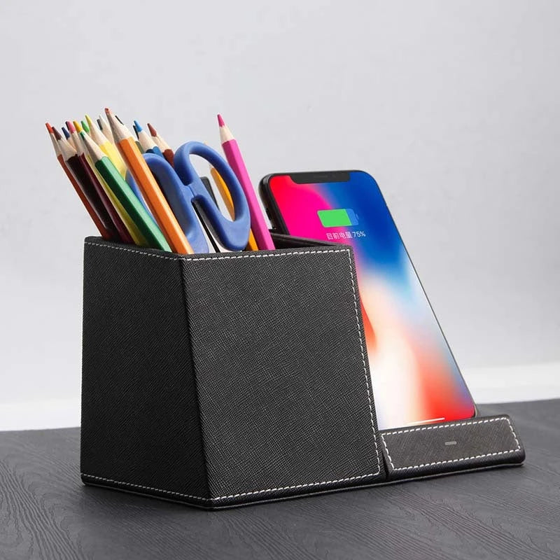 Premium Leather Wireless Charging Station with Pen Holder - Sleek and Versatile Desk Accessory