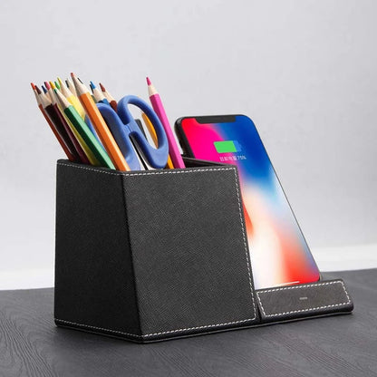 Premium Leather Wireless Charging Station with Pen Holder - Sleek and Versatile Desk Accessory