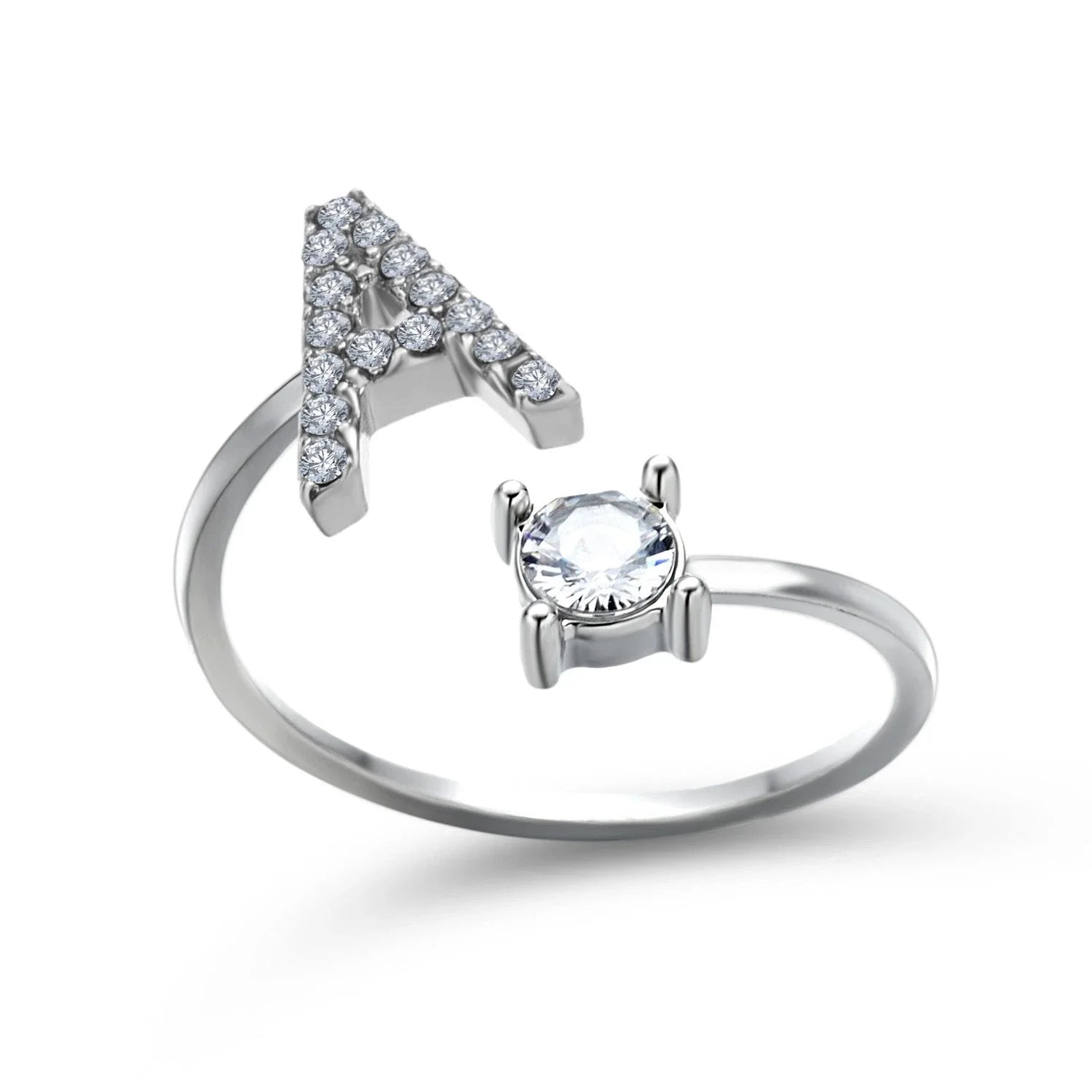 Customizable adjustable ring with 26 letters for women, featuring zircon stones and copper alloy construction