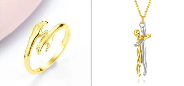 Adjustable Alloy Hands Hug Ring in silver and gold, stylish unisex jewelry