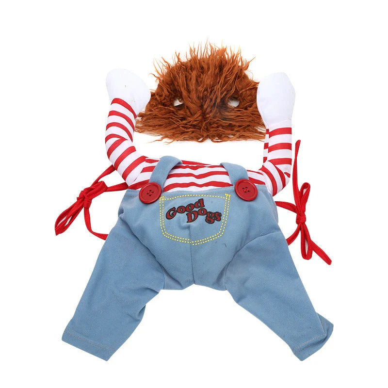 Adjustable Halloween pet costume for dogs in Horseman and Photo Color designs, includes wig and foam knife accessories