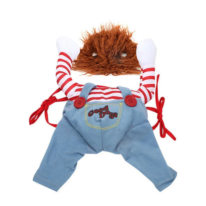 Adjustable Halloween pet costume for dogs in Horseman and Photo Color designs, includes wig and foam knife accessories