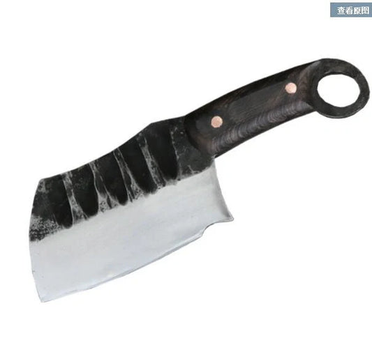 Handcrafted Chinese cleaver knife with high-carbon steel blade on wooden cutting board