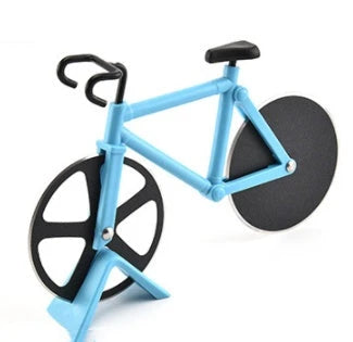 Stainless steel pizza cutter with modern bicycle-inspired design for effortless slicing of pizzas, flatbreads, and more