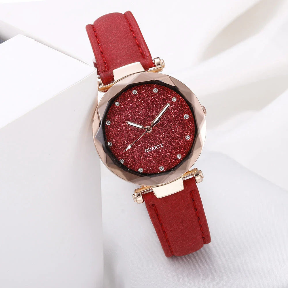 Stylish and versatile starry-patterned watch with a sleek case and comfortable leather strap, available in a variety of captivating colors