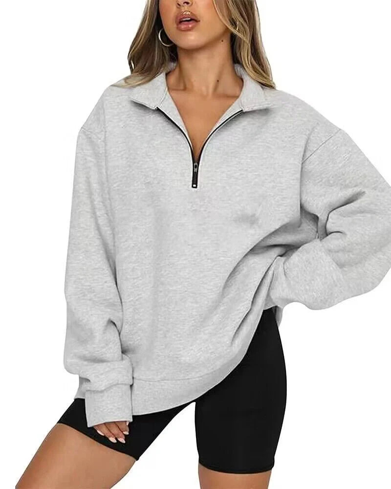 Women's zip turndown collar loose casual sweatshirt in various colours