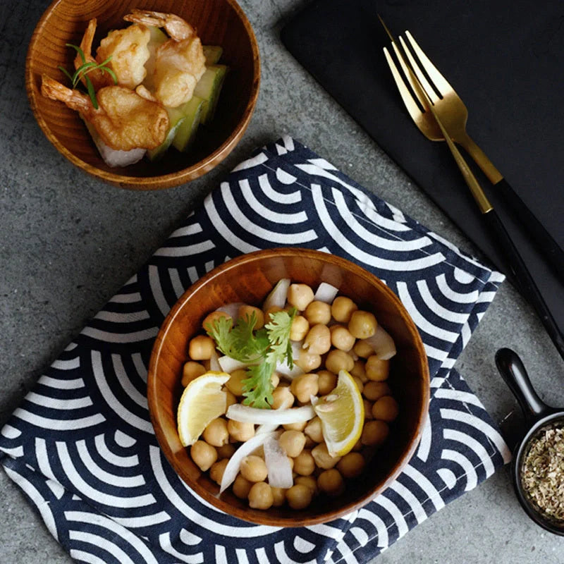 Handmade Japanese style wooden bowls in three sizes for rice, soup, and salad