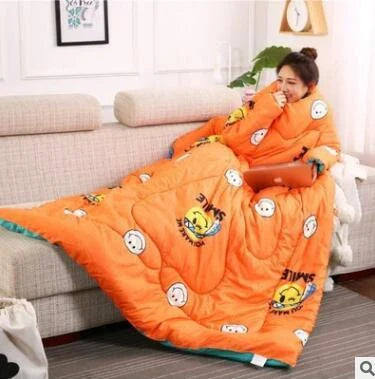 Cozy quilted lounger with sleeves in various colors and sizes, perfect for year-round indoor comfort and relaxation.