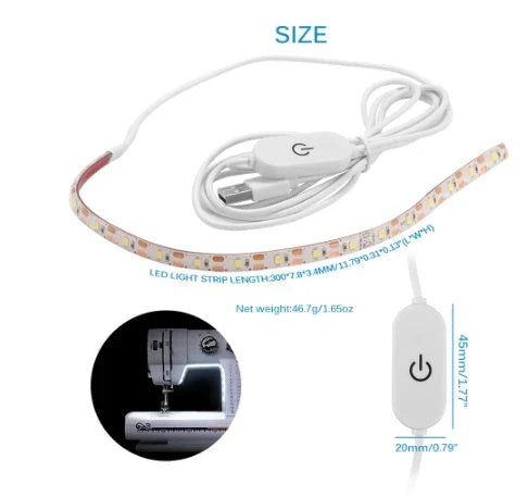 Adjustable LED light bar with touch-sensitive dimming controls for sewing machines, providing customizable lighting for sewing, quilting, and embroidery projects.
