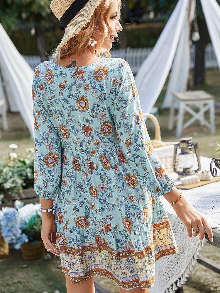 Boho print button v-neck long sleeve fringe dress in vibrant colours